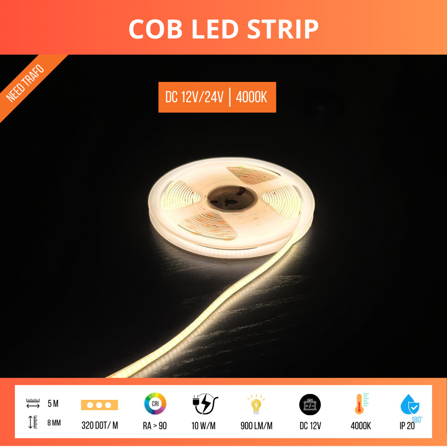 Lampu LED STRIP COB Fleksibel | LED Bar Flexible | LED Dekorasi Rumah Plafon Kamar Kolam | DC 12V/24V | 5 Meter/Roll & CRI 90