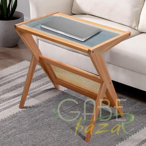 Meja Laptop Mini Lipat Kayu Asli Top Tempered Glass Premium