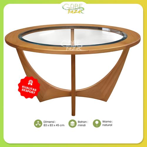 Meja Kayu Bundar Ruang Tamu Top Kaca Bevel Modern Minimalis Free Ongkir*