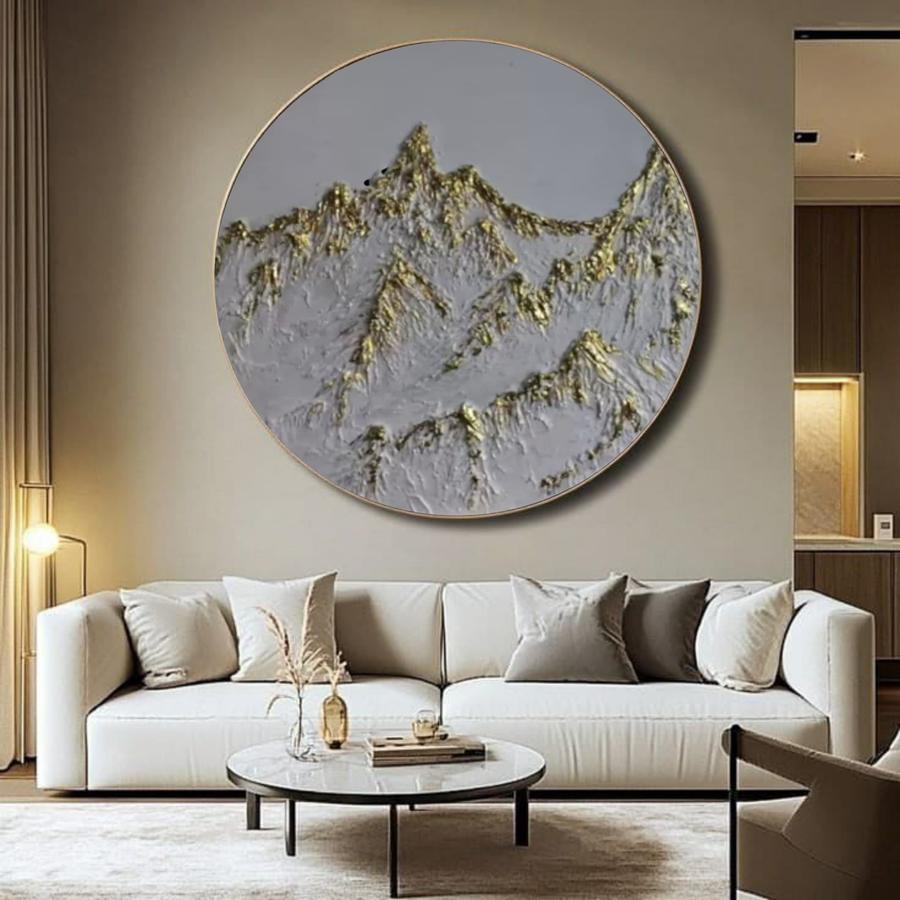 lukisan dinding abstrak gunung gold bulat aesthetic lukisan kanvas bulat Frame Besi