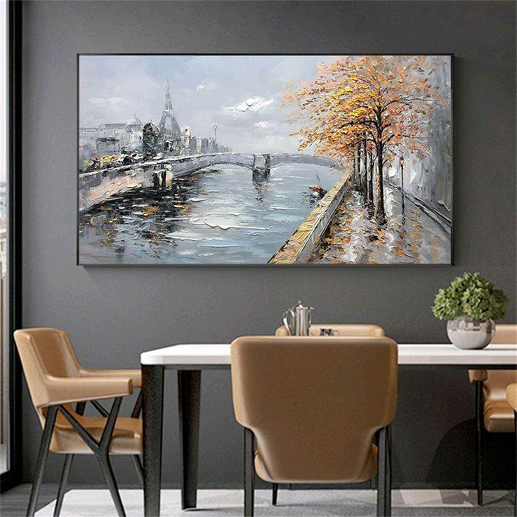 Lukisan dinding pemandangan eropa aesthetic teksture timbul modern art lukisan kanvas Frame 