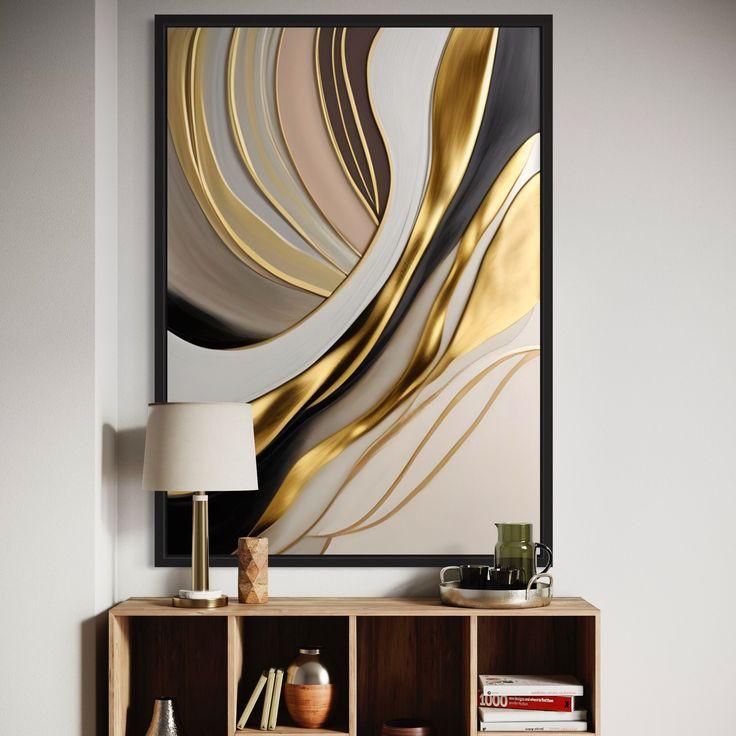 Lukisan dinding abstrak modern gold free packing triplek