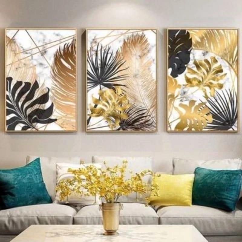 LUKISAN DINDING DAUN TEKSTURE ART GOLD 3in1 40x60cm HIASAN DINDING -