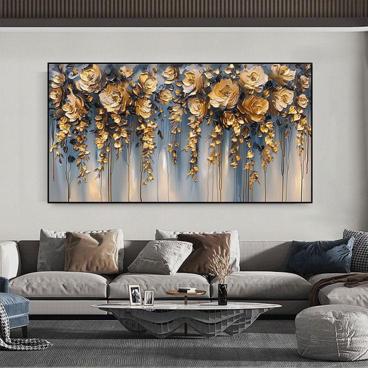 lukisan dinding bunga gold aesthetic modern free packing Triplek