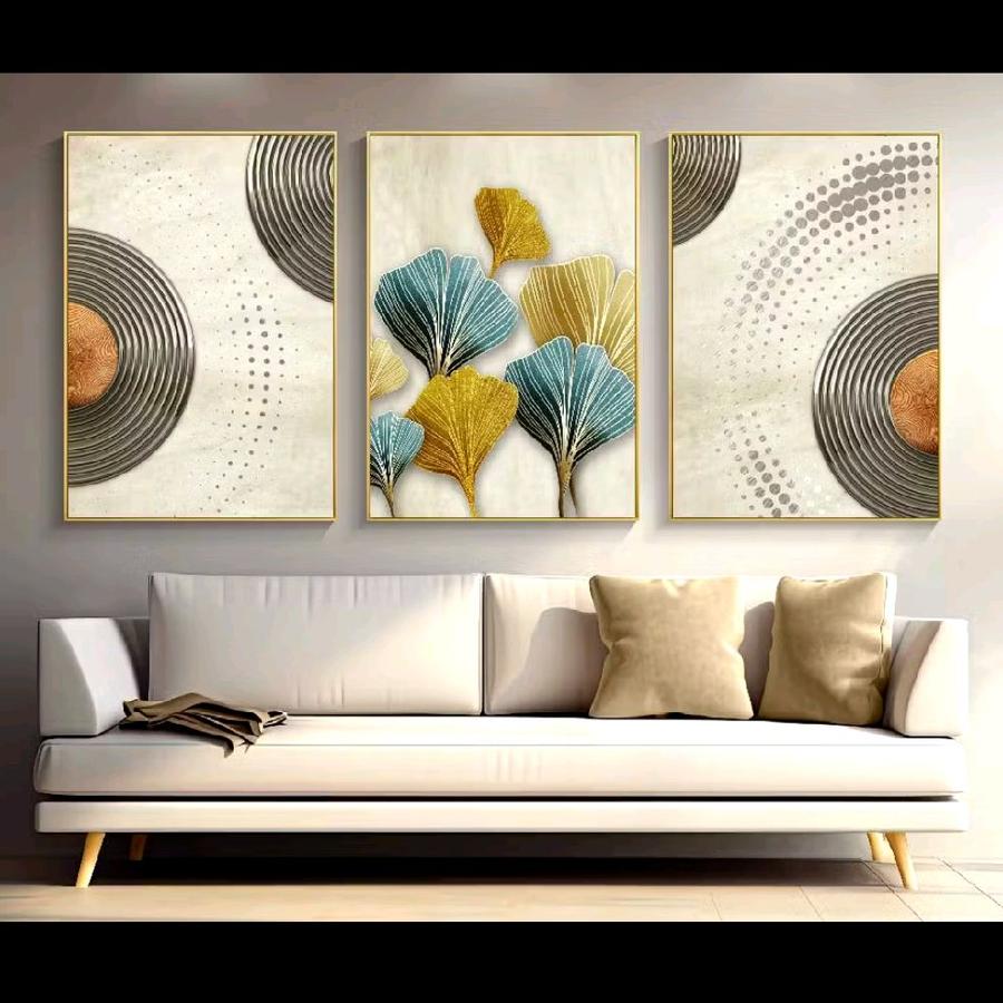 lukisan dinding abstrak daun 3pcs teksture art LUKISAN KANVAS HIASAN DINDING Frame 