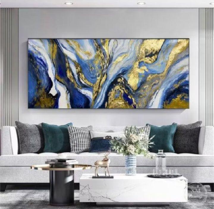 Lukisan Dinding Abstrak Kanvas Blue Art Modern dengan Frame Standar Span Ram Rangka Kayu 100% Buatan Tangan untuk Dinding