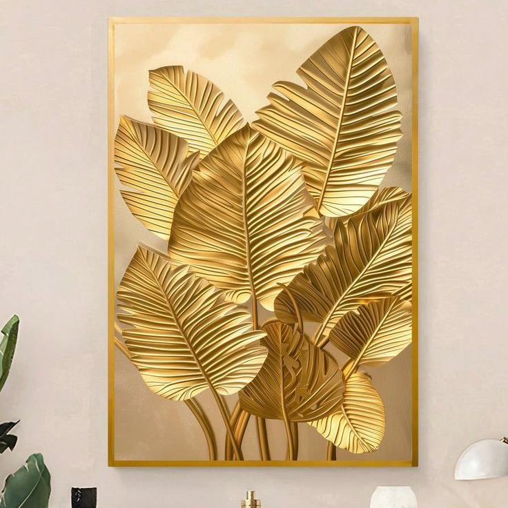 lukisan dinding daun gold hiasan dinding aesthetic tekstur timbul modern art