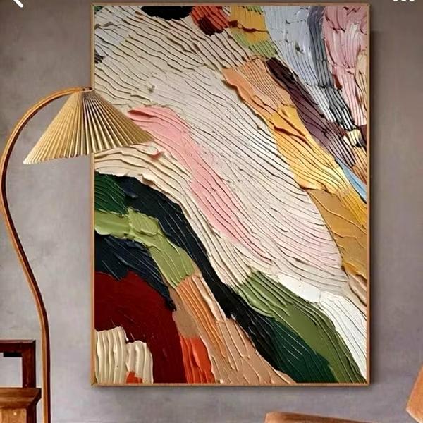 lukisan dinding abstrak Colourful modern minimalis art tekstur timbul free packing Triplek Frame