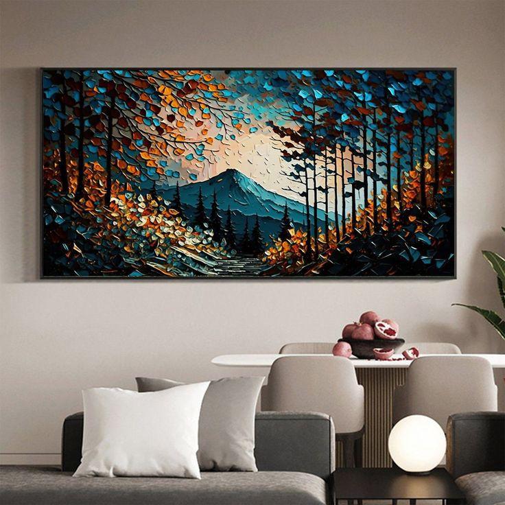lukisan dinding abstrak pemandangan alam aesthetic modern art free packing Triplek