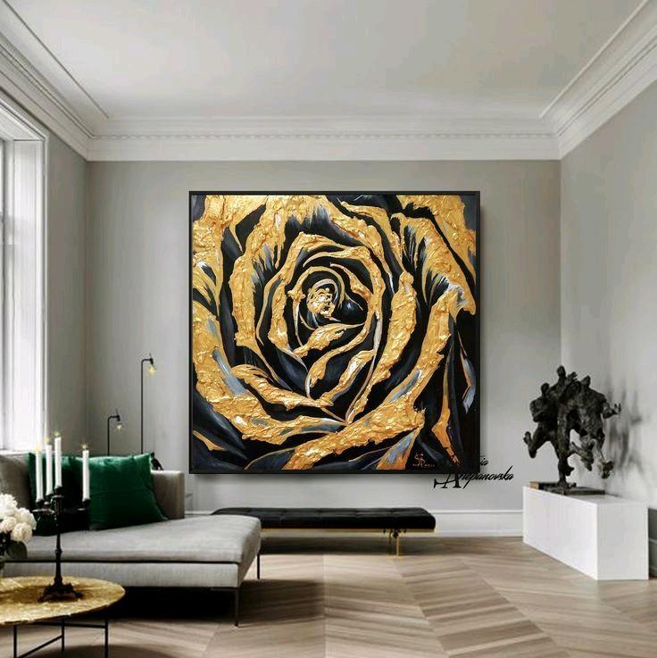 LUKISAN DINDING BUNGA GOLD 100 X 100 CM LUKISAN KANVAS HIASAN DINDING RUANG TAMU Dipasang di Dinding Frame