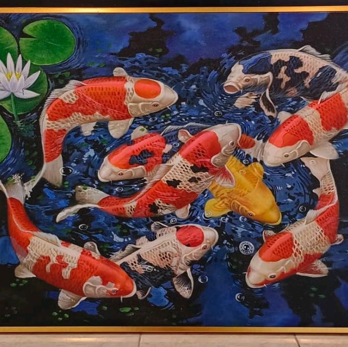 Lukisan dinding ikan koi teksture modern art Frame