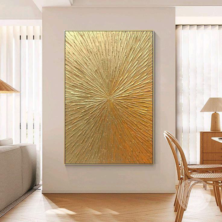 LUKISAN DINDING TEKSTURE ART GOLD UKURAN 80 X 150CM LUKISAN KANVAS HIASAN DINDING RUANG TAMU Modern Frame