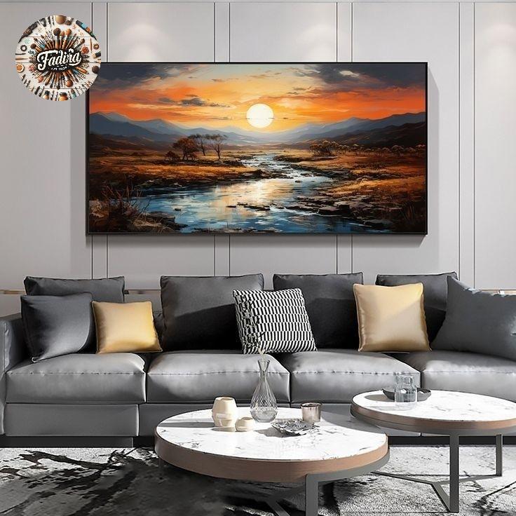 Lukisan dinding ruang tamu sungai di senja hari modern art painting