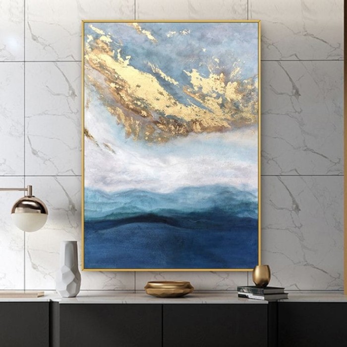 Lukisan dinding ruang tamu abstrak blue white gold modern art