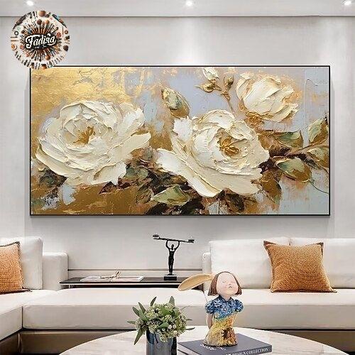 Lukisan dinding ruang tamu 3 bunga besar bertekstur modern art