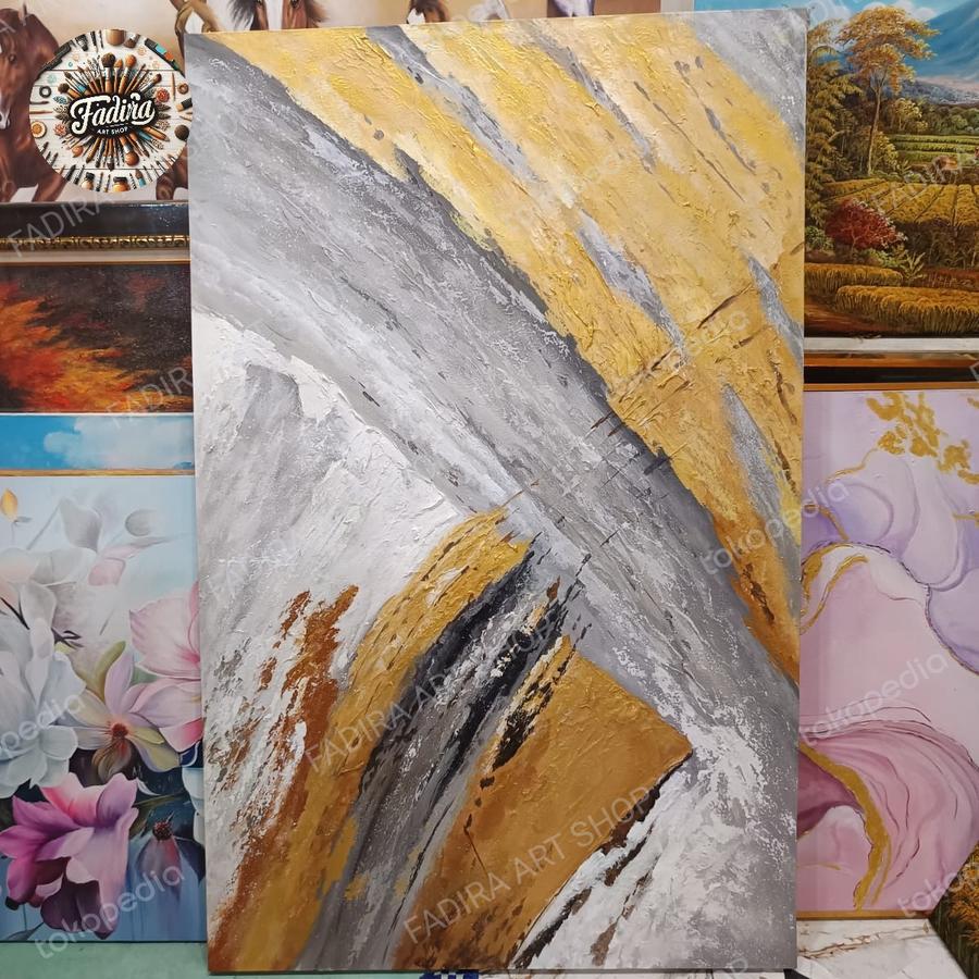 Lukisan dinding ruang tamu abstrak silver gold tekstur modern art