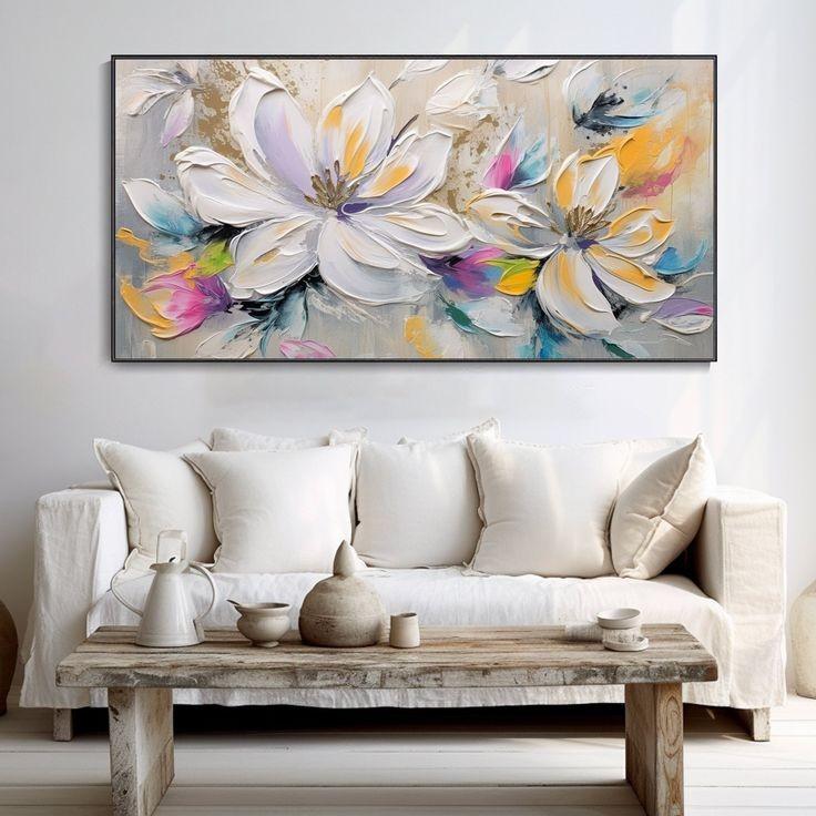 Lukisan dinding ruang tamu bunga putih berwarna modern art