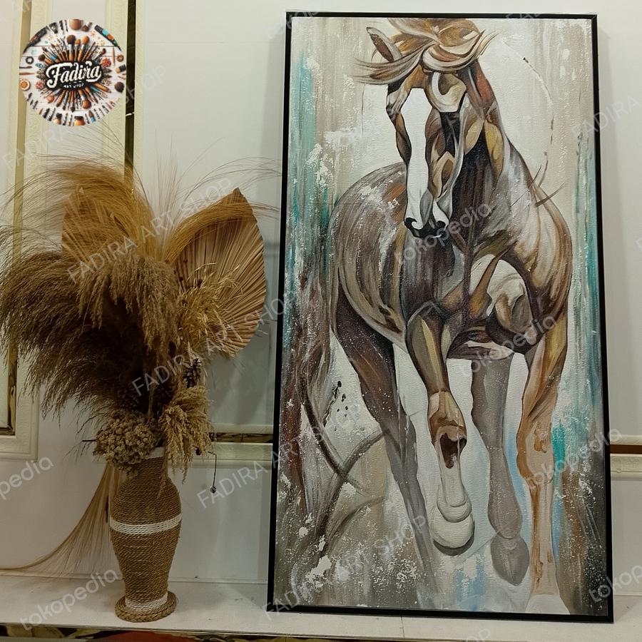 Lukisan dinding ruang tamu kuda semi abstrak modern art frame
