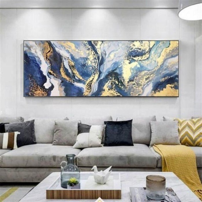 Lukisan dinding ruang tamu abstrak blue silver gold modern art frame