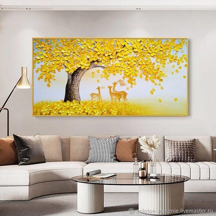 Lukisan dinding ruang tamu pohon rusa kuning tekstur modern art