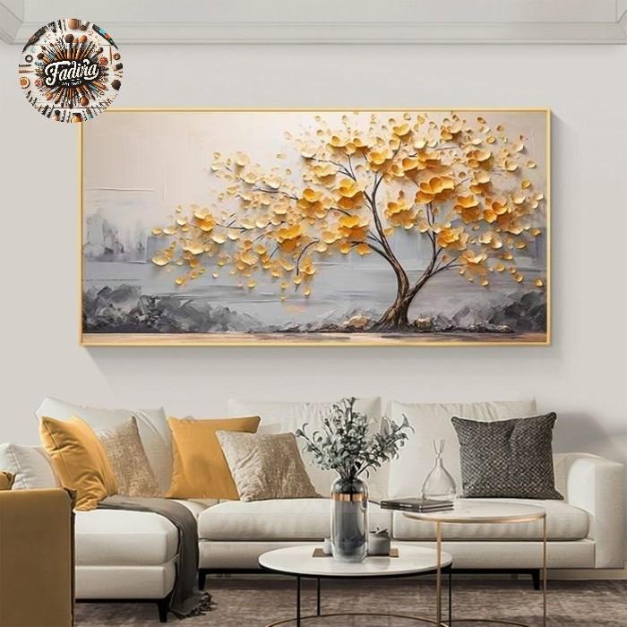 Lukisan dinding ruang tamu pohon brown tekstur modern art