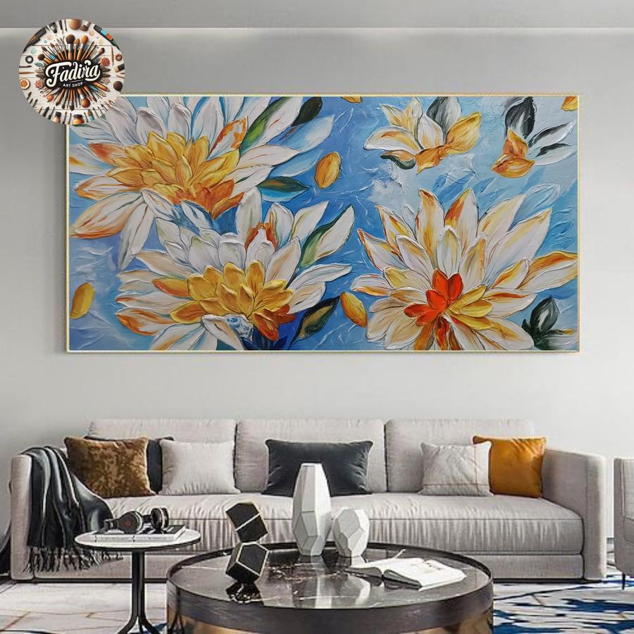 Lukisan dinding ruang tamu bunga mekar cantik modern art