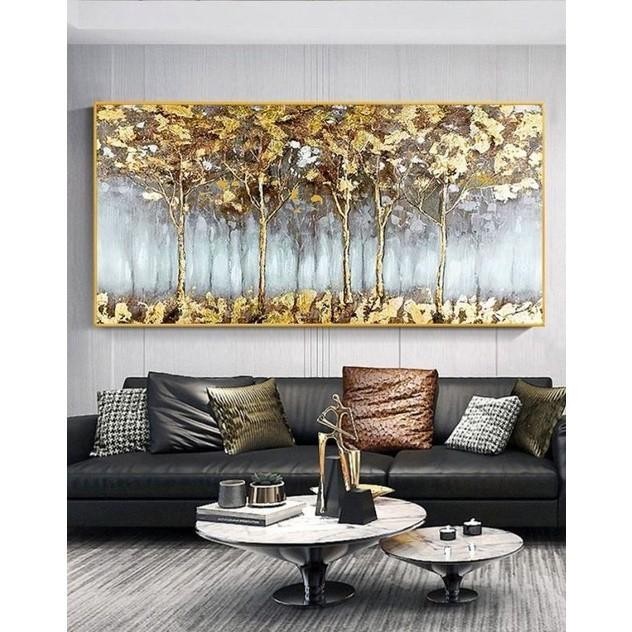 Lukisan dinding ruang tamu pohon gold modern art