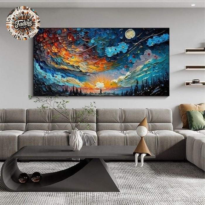 Lukisan dinding ruang tamu sunset dekoratif bertekstur modern art