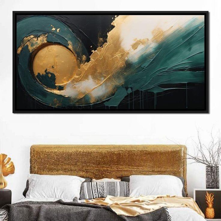 Lukisan dinding ruang tamu abstrak green gold tekstur modern art