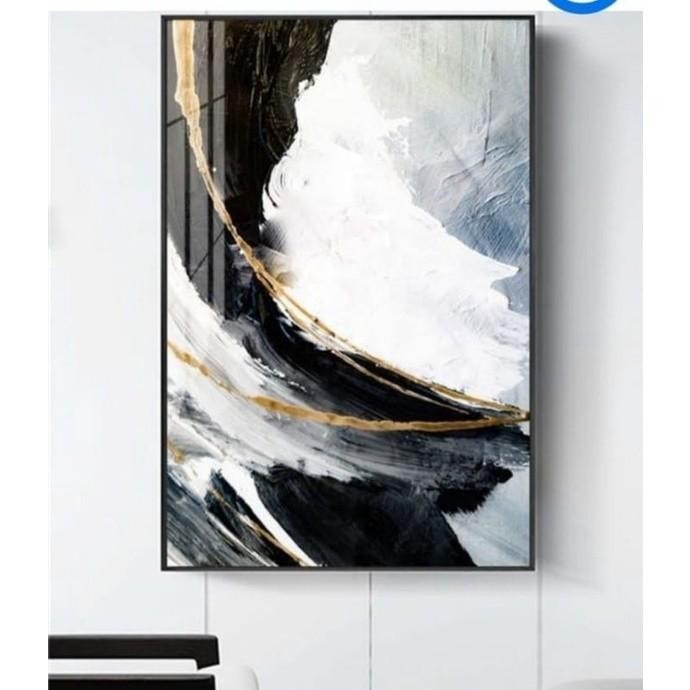 Lukisan dinding ruang tamu abstrak hitam putih emas modern art