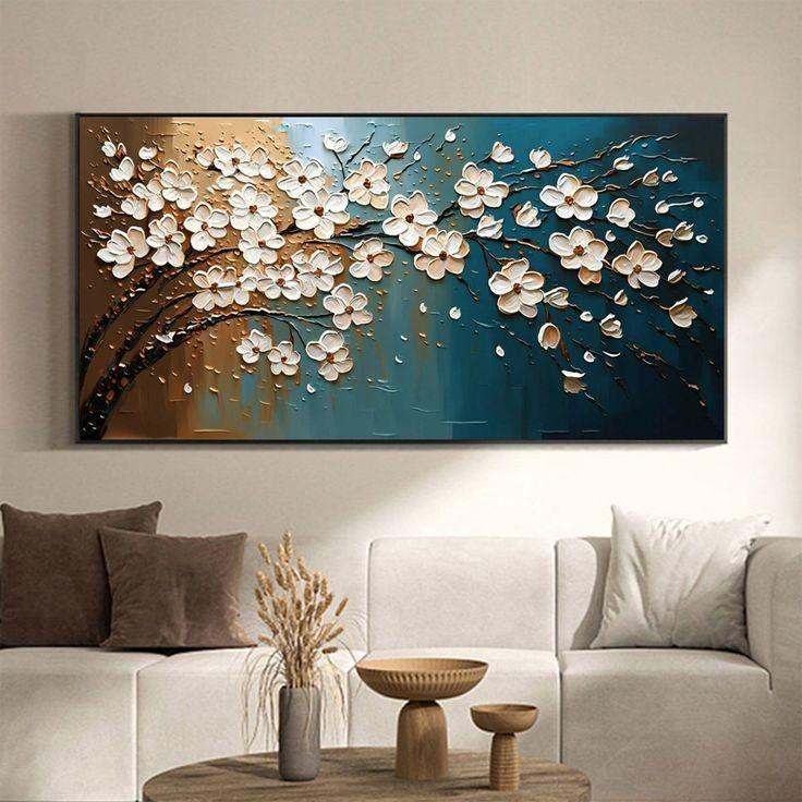 Lukisan dinding ruang tamu bunga putiih modern art