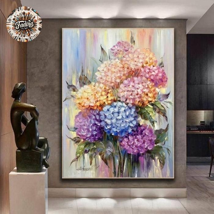 Lukisan dinding ruang tamu bunga cantik warna warni tekstur modern art