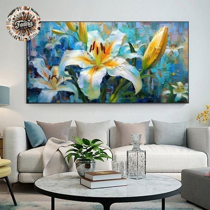 Lukisan dinding ruang tamu bunga Lilly besar bertekstur modern art