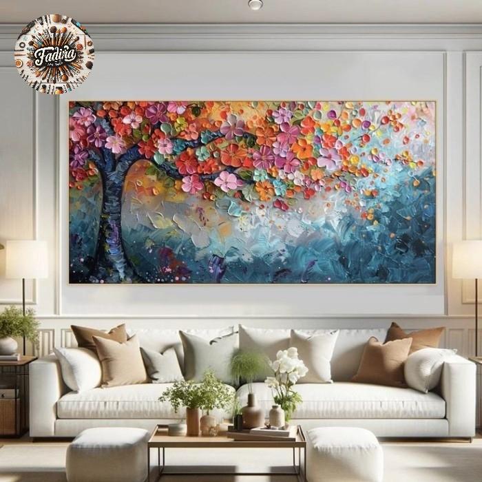 Lukisan dinding ruang tamu pohon warna warni tekstur modern art