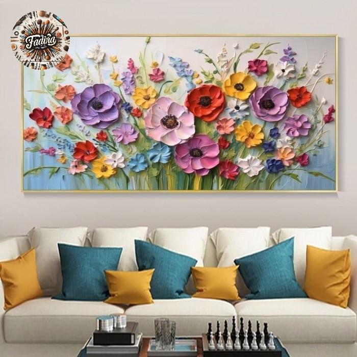 Lukisan dinding ruang tamu bunga warna warni tekstur modern art