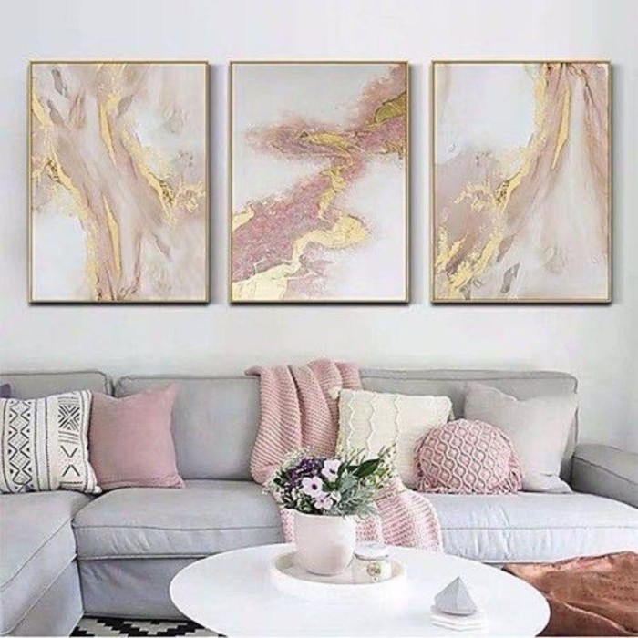 Lukisan dinding ruang tamu abstrak pink 3in1 modern art frame