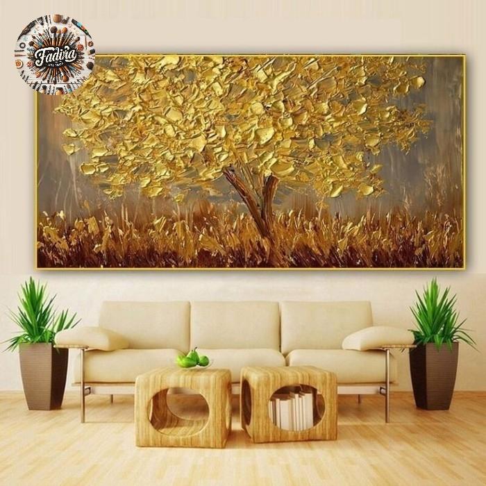 Lukisan dinding ruang tamu pohon gold bertekstur modern art frame
