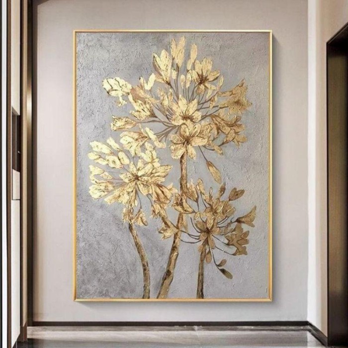 Lukisan dinding ruang tamu bunga gold mewah modern art