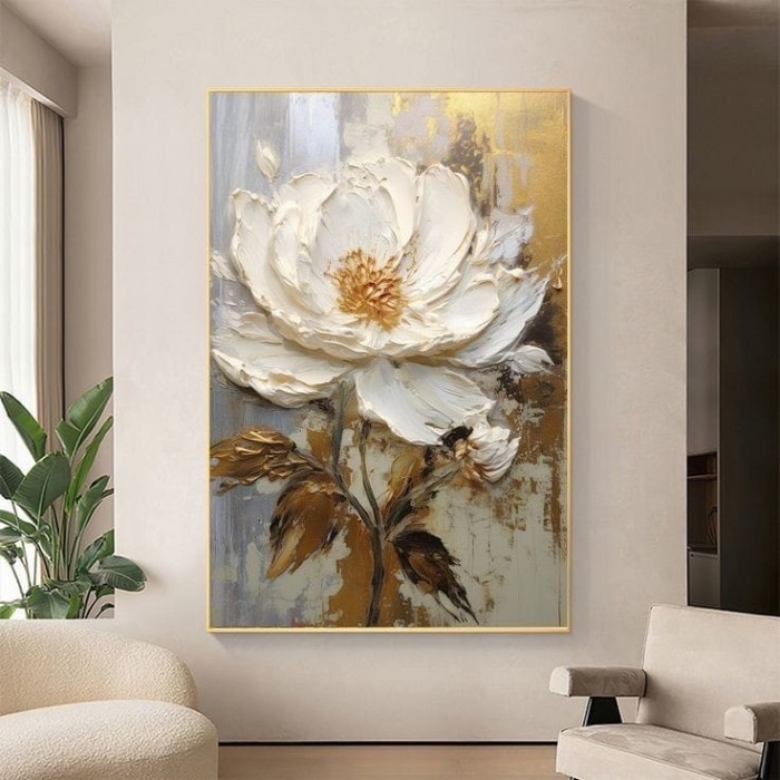 Lukisan dinding ruang tamu bunga putih besar modern art