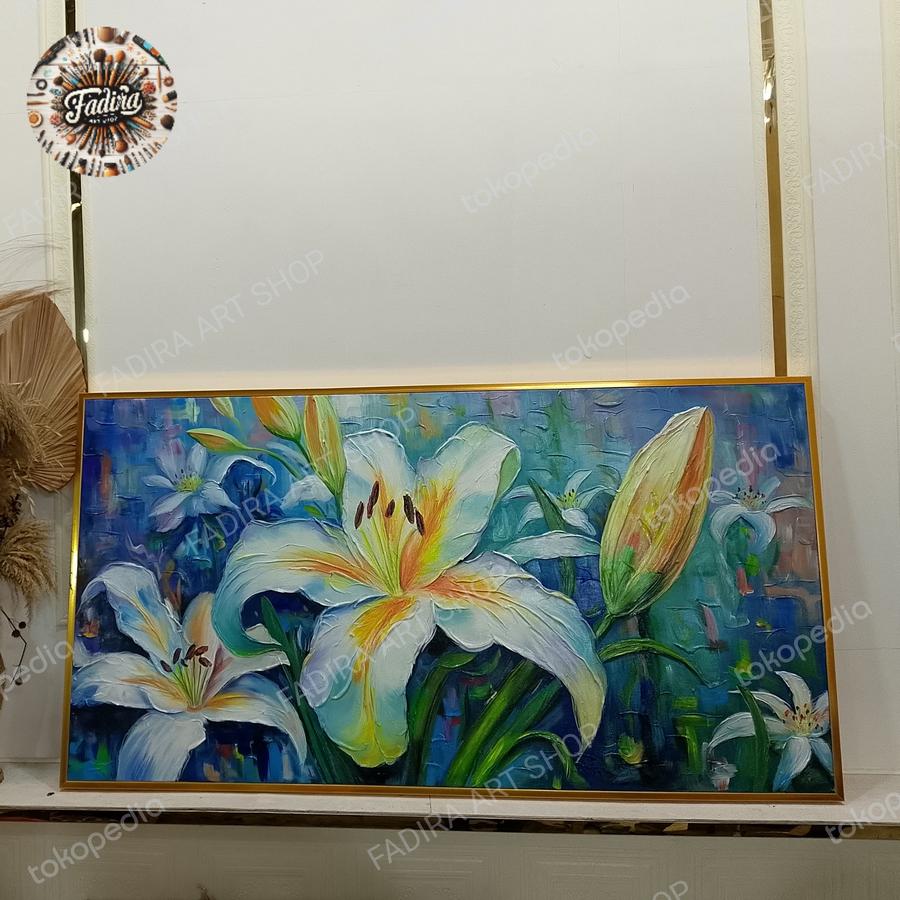 Lukisan dinding ruang tamu bunga Lilly besar bertekstur modern art