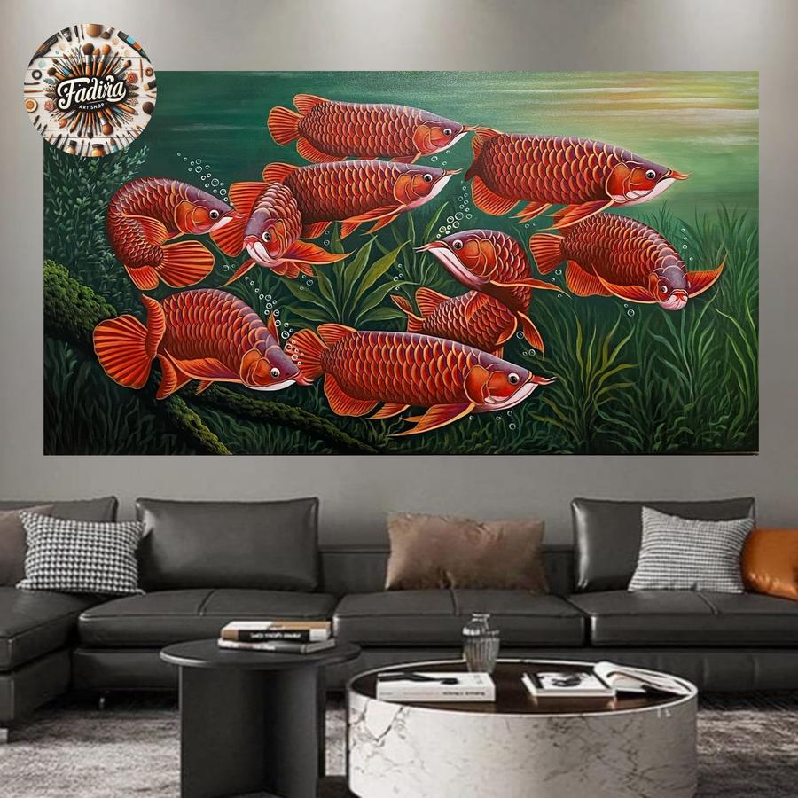 Lukisan dinding ruang tamu ikan arwana super red