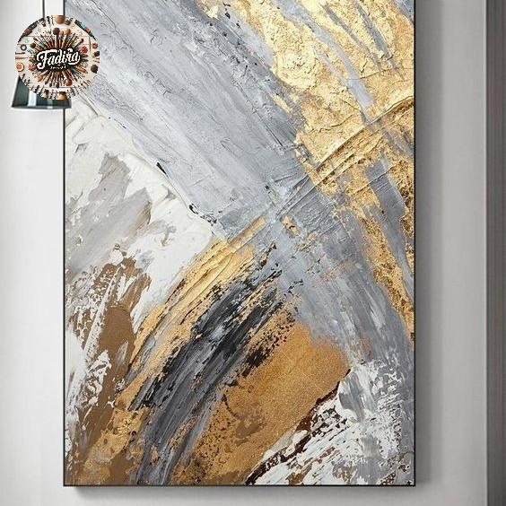 Lukisan dinding ruang tamu abstrak silver gold tekstur modern art