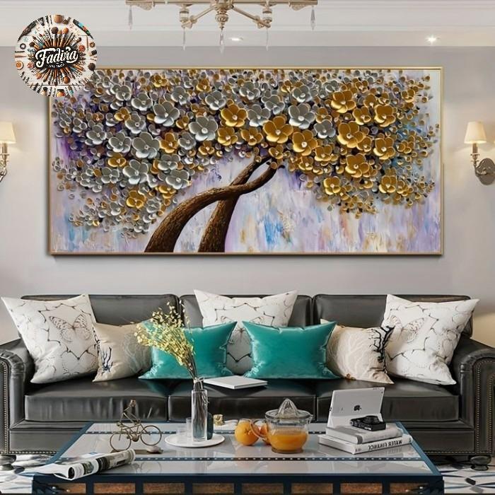 Lukisan dinding ruang tamu pohon silver gold tekstur modern art
