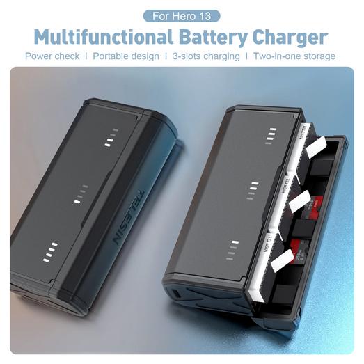 Telesin Battery Charger Gopro Hero 13 LED indicator 3 Slot Include 2 pcs Battery