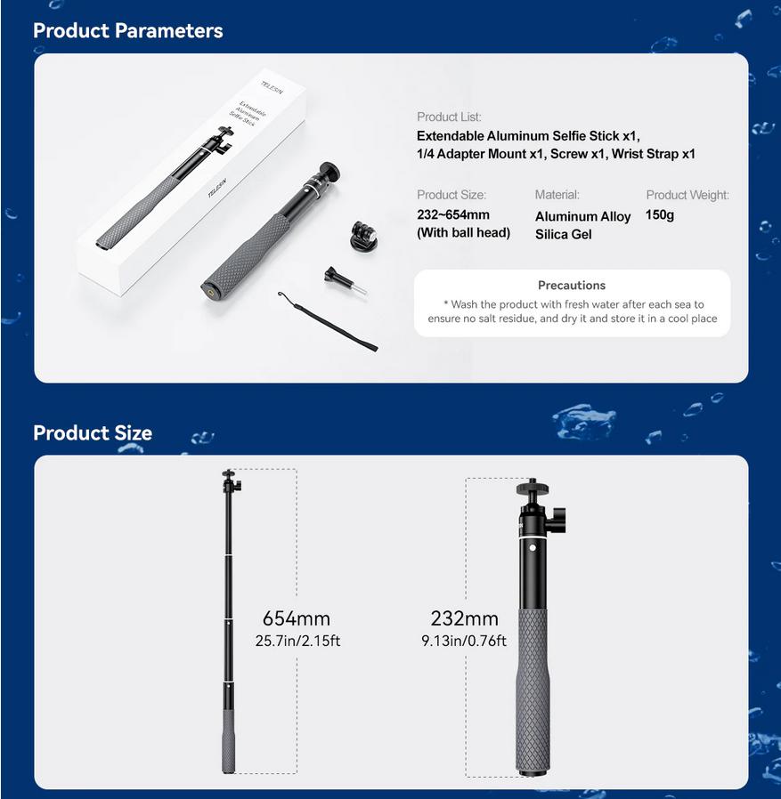 TELESIN Aluminum Alloy Waterproof Selfie Stick Smartphone Action Cam