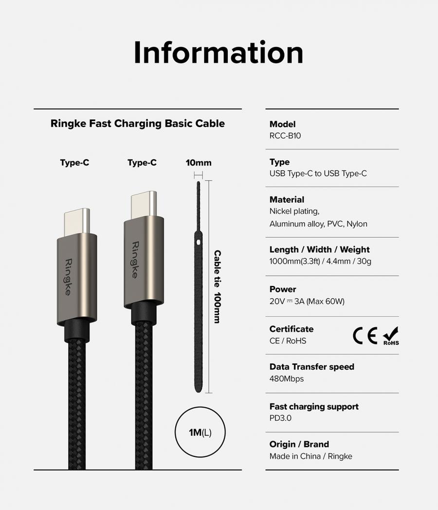 Ringke Fast Charging Basic Braided Nylon Cable USB-C to USB-C 60 Watt Speed 480 Mbps
