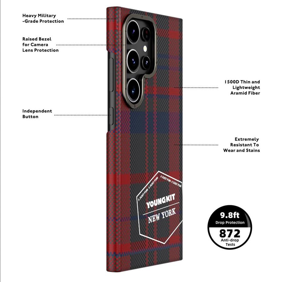 Youngkit Kevlar MagSafe Retro Plaid Case Samsung S24 Ultra Casing S24 Plus S24 