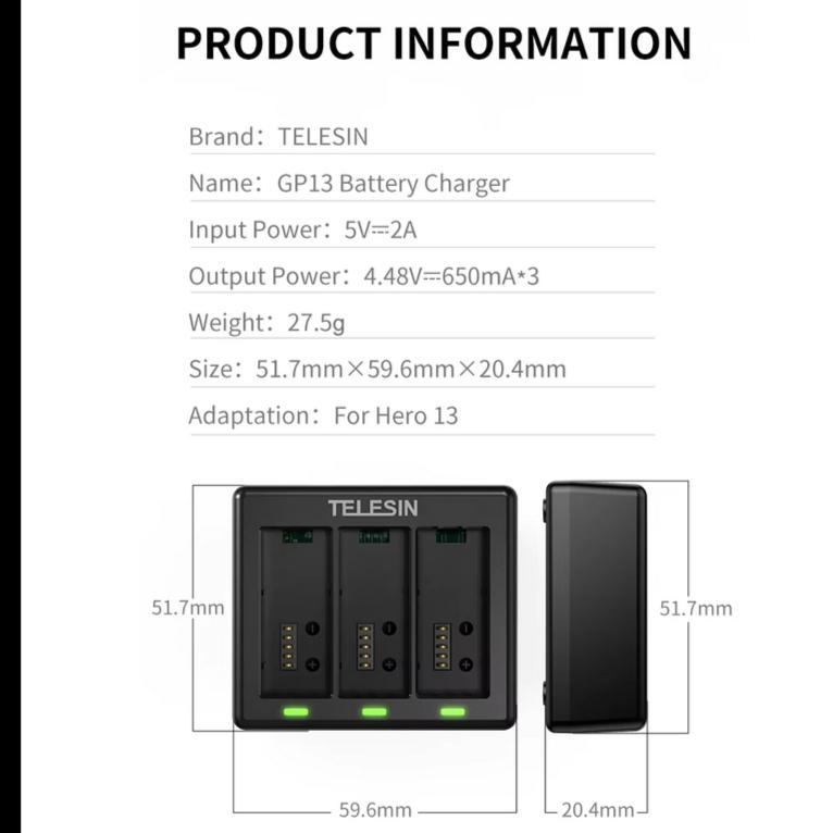 Telesin Lithium Battery Fast Charger 3 Slot for Gopro Hero 13 Charger