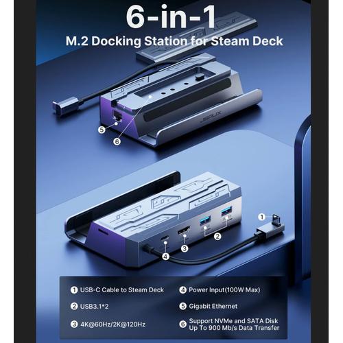 JSAUX 6 in 1 M.2 Docking Station for Steam Deck Support NVMe and SATA