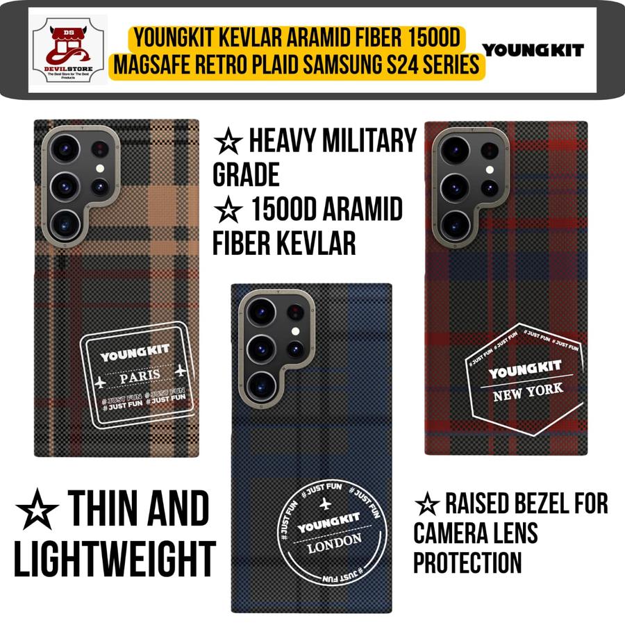 Youngkit Kevlar MagSafe Retro Plaid Case Samsung S24 Ultra Casing S24 Plus S24 